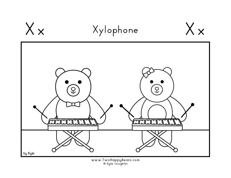 Coloring page for learning the letter X, with a picture of Fluffy and Ivy playing the xylophone, in a large landscape view, in free printable PDF format.