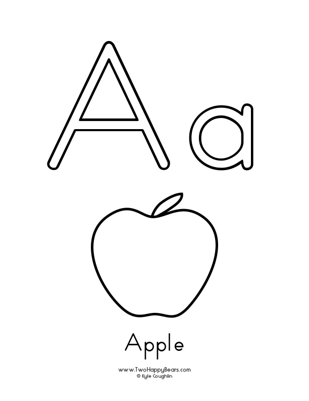 Large letters in uppercase and lowercase to color, with simple images of a word for each letter.