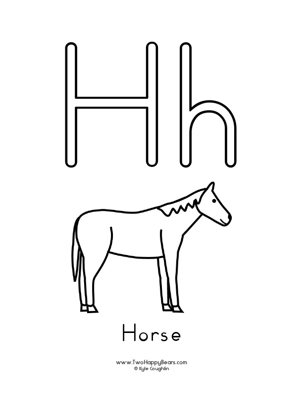 Coloring page of an uppercase and lowercase letter H and a horse.