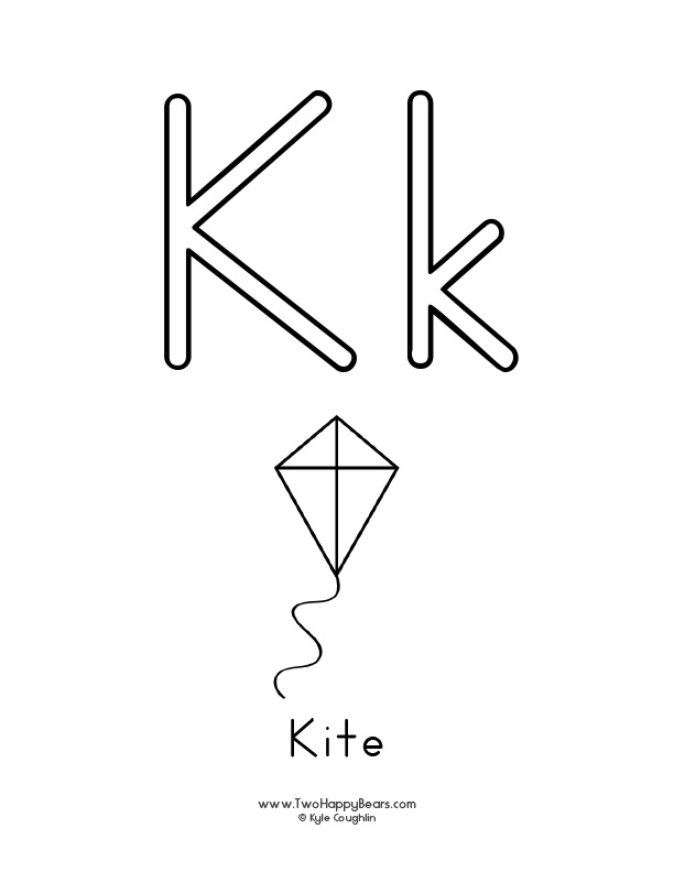 Coloring page of an uppercase and lowercase letter K and a kite.