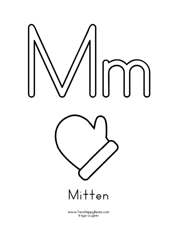 Free printable PDFs to color an uppercase and lowercase letter and simple pictures like a mitten.