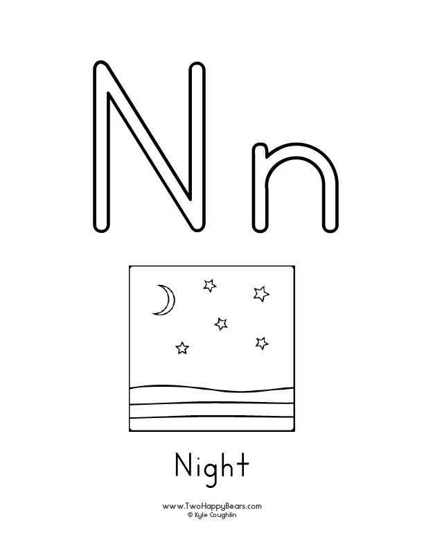 Free printable PDFs to color an uppercase and lowercase letter and simple pictures like the night.