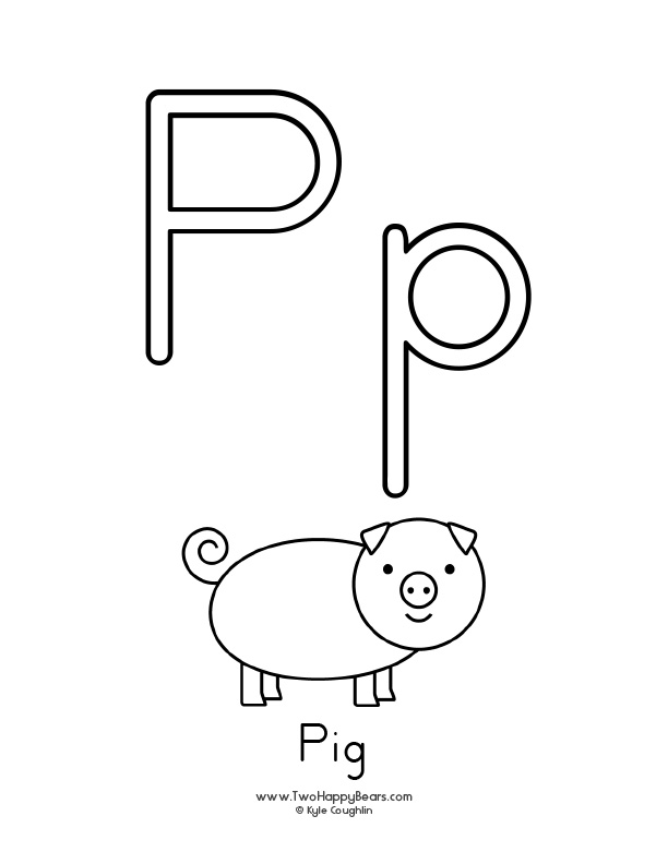 Free printable coloring page for the letter P, with upper and lower case letters and a picture of a pig to color.