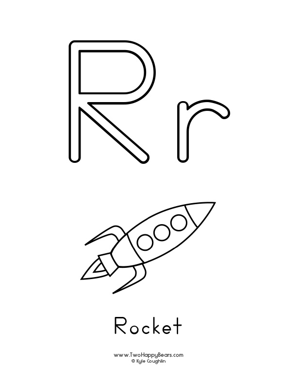 Free printable coloring page for the letter R, with upper and lower case letters and a picture of a rocket to color.