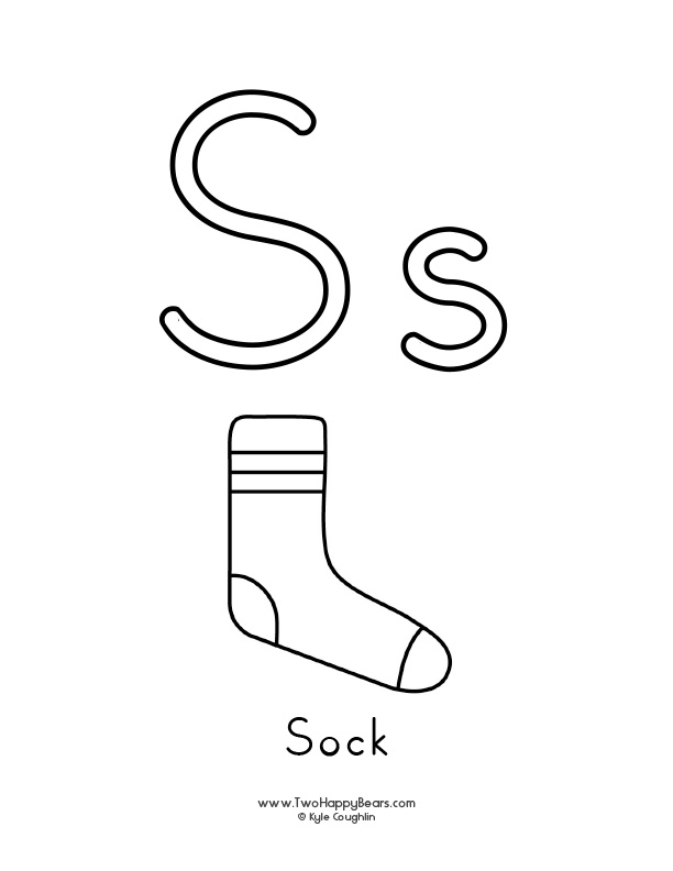 Free printable PDFs to color an uppercase and lowercase letter and simple pictures like a sock.