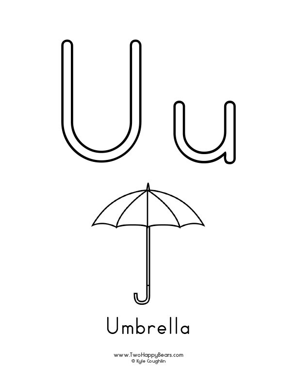 Free printable PDFs to color an uppercase and lowercase letter and simple pictures like an umbrella.