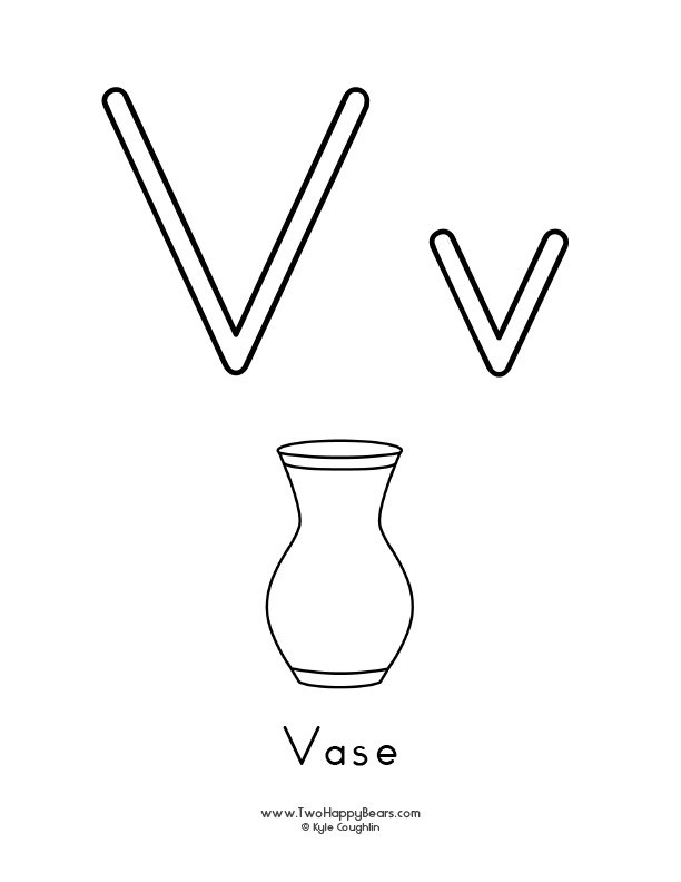 Free printable coloring page for the letter V, with upper and lower case letters and a picture of a vase to color.