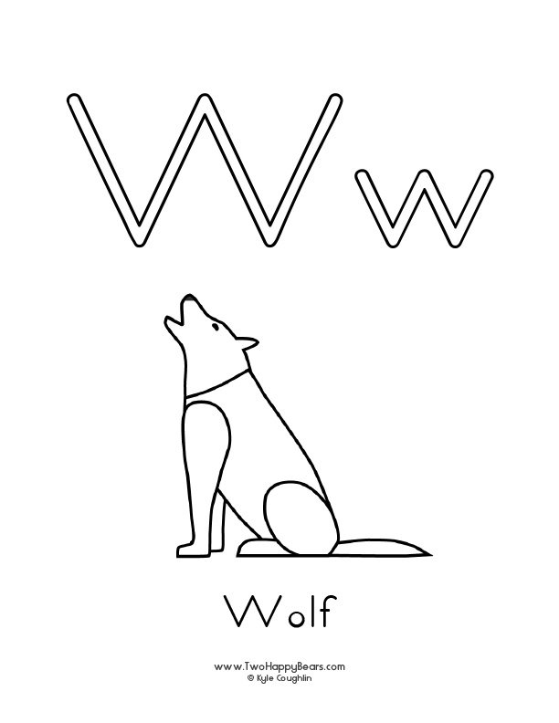 Free printable PDFs to color an uppercase and lowercase letter and simple pictures like a wolf.