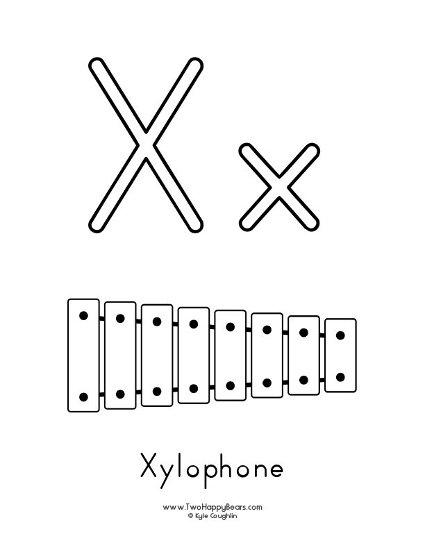 Free printable PDFs to color an uppercase and lowercase letter and simple pictures like a xylophone.