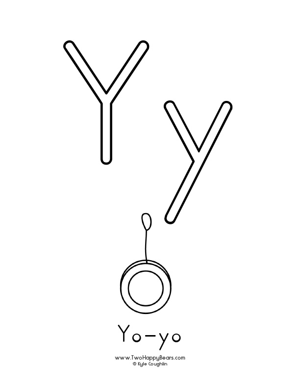 Free printable coloring page for the letter Y, with upper and lower case letters and a picture of a yo-yo to color.