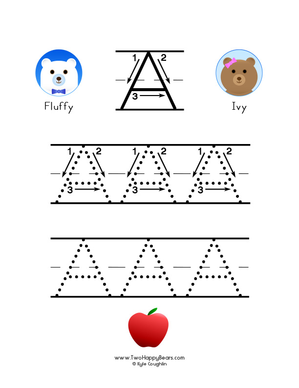 Free printable PDF with large uppercase letter A to trace, with guided arrows and numbers.