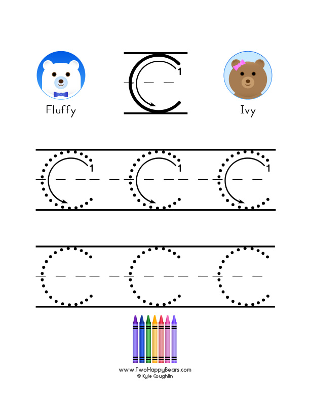 Free printable PDF with large uppercase letter C to trace, with guided arrows and numbers.