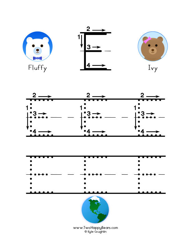 Free printable PDF with large uppercase letter E to trace, with guided arrows and numbers.