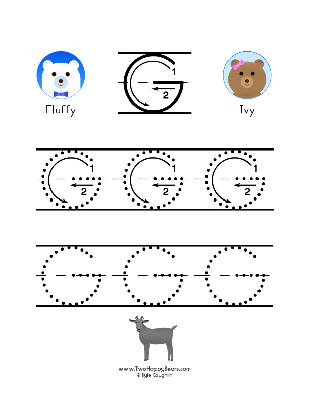 Free printable PDF with large uppercase letter G to trace, with guided arrows and numbers.