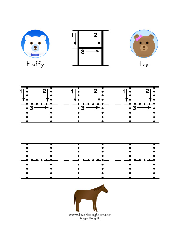 Free printable PDF with large uppercase letter H to trace, with guided arrows and numbers.