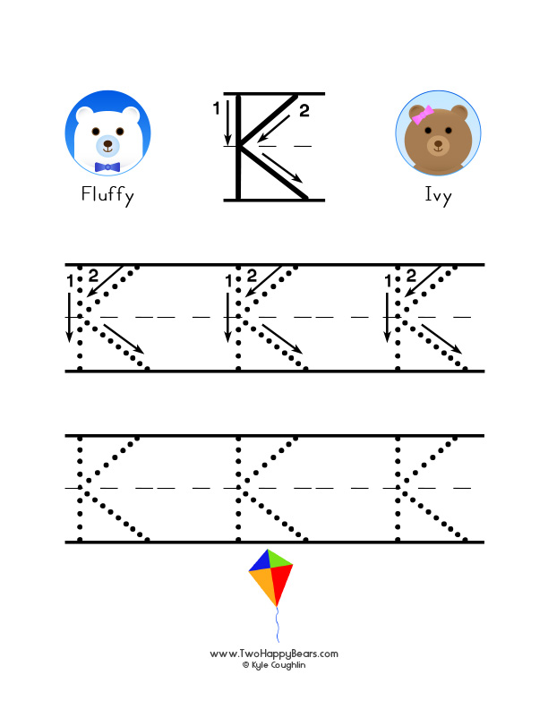 Free printable PDF with large uppercase letter K to trace, with guided arrows and numbers.