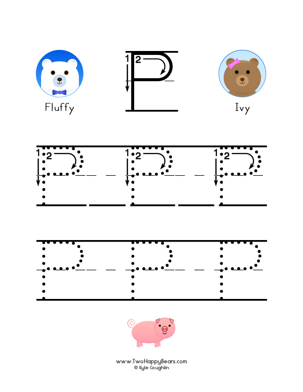 How to write the letter P, with large images to trace for practice, in free printable PDF format.