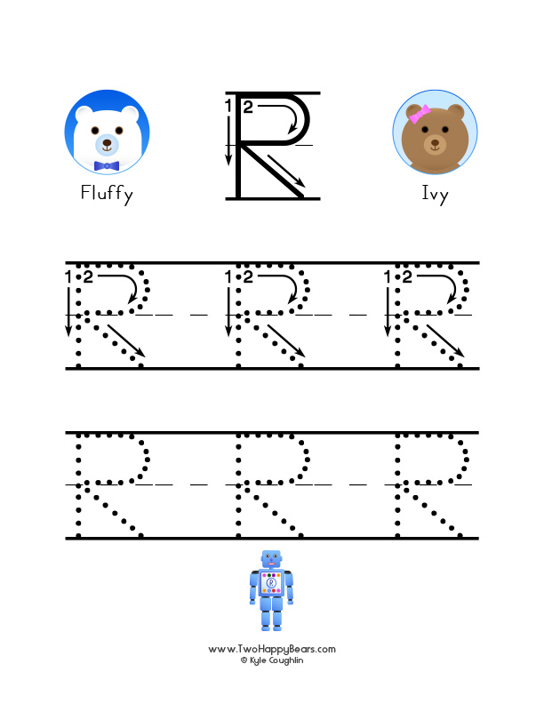 How to write the letter R, with large images to trace for practice, in free printable PDF format.