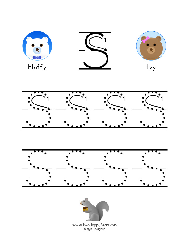 Large guided examples of uppercase letters to trace, with color pictures and the Two Happy Bears.