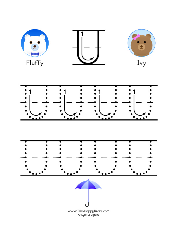 Free printable PDF with large uppercase letter U to trace, with guided arrows and numbers.