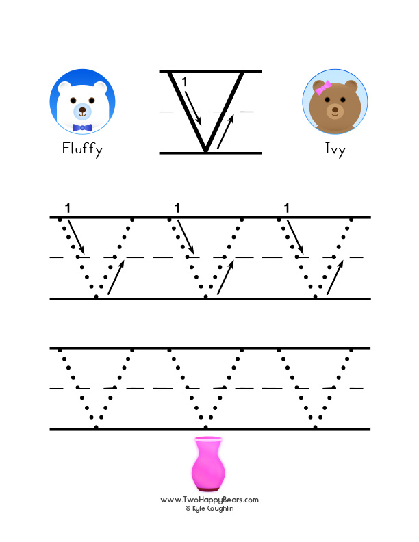 Free printable PDF with large uppercase letter V to trace, with guided arrows and numbers.