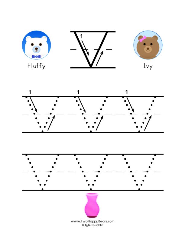 How to write the letter V, with large images to trace for practice, in free printable PDF format.