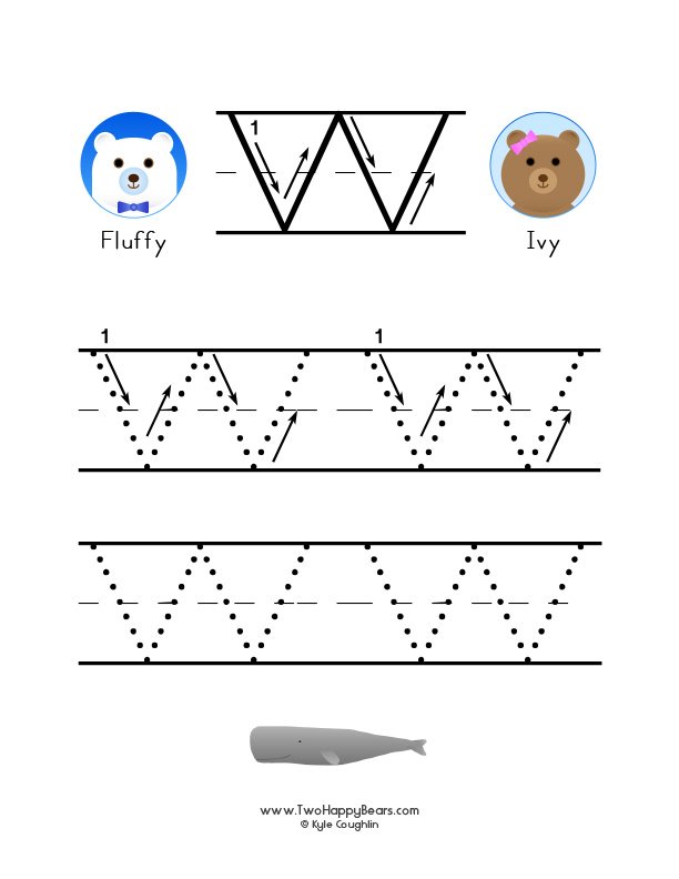 How to write the letter W, with large images to trace for practice, in free printable PDF format.